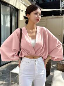 DAZY Solid Batwing Sleeve Wrap Detail Blouse - Pink - View 4