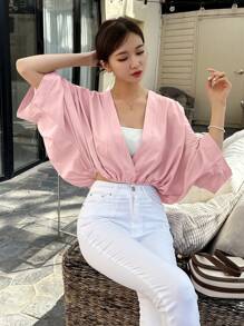 DAZY Solid Batwing Sleeve Wrap Detail Blouse - Pink - View 5