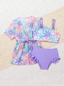 SHEIN 女婴花卉印花荷叶边装饰沙滩装和服夏季海滩装