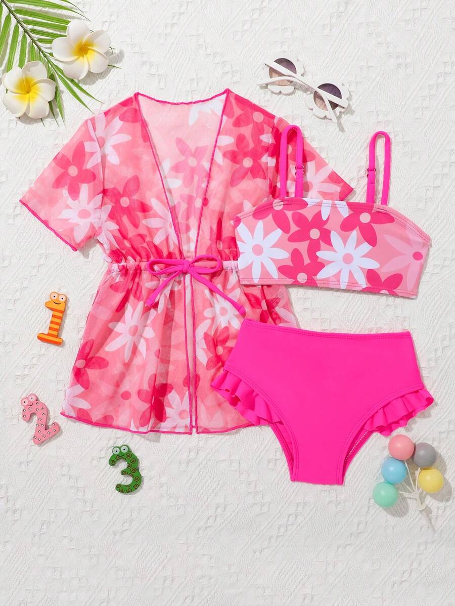 SHEIN Baby Girl Floral Print Ruffle Trim Beachwear With Kimono Summer Beach