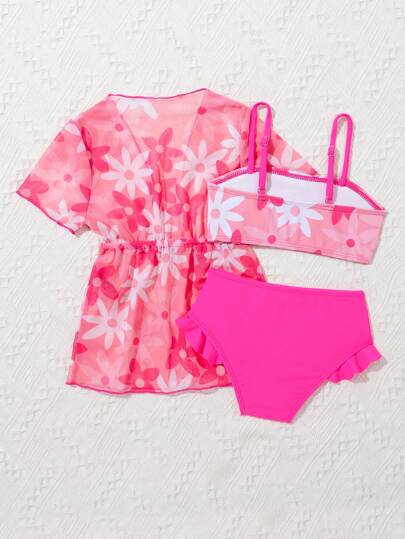 SHEIN 女婴花卉印花荷叶边装饰沙滩装和服夏季海滩装