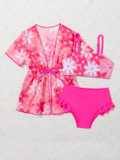 SHEIN 女婴花卉印花荷叶边装饰沙滩装和服夏季海滩装