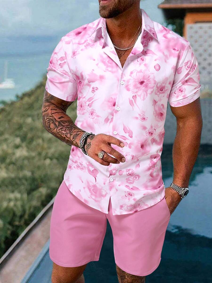 Manfinity RSRT Men Floral Print Shirt & Shorts , Beach , Tropical , Husband , Colorful , Holographic, Pink And White Men Shirt, Men Pink Floral Shirt, Men 2 Pieces Outfits Pink, Cozy Outfits - Pink - View 1