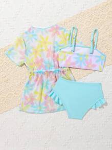 SHEIN Baby Girl Floral Print Ruffle Trim Beachwear With Kimono Summer Beach - Blue and White - View 2