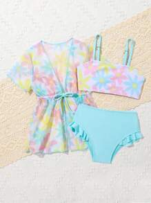 SHEIN Baby Girl Floral Print Ruffle Trim Beachwear With Kimono Summer Beach - Blue and White - View 3