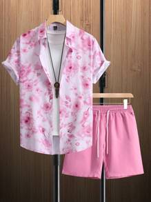Manfinity RSRT Men Floral Print Shirt & Shorts , Beach , Tropical , Husband , Colorful , Holographic, Pink And White Men Shirt, Men Pink Floral Shirt, Men 2 Pieces Outfits Pink, Cozy Outfits - Pink - View 3