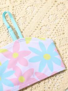 SHEIN Baby Girl Floral Print Ruffle Trim Beachwear With Kimono Summer Beach - Blue and White - View 5