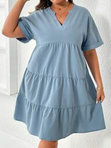 SHEIN LUNE Vestido smock de cuello de muesca bajo con fruncido - Azul - Ver 2