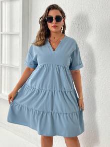 SHEIN LUNE Vestido smock de cuello de muesca bajo con fruncido - Azul - Ver 5