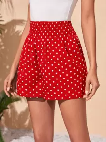 SHEIN VCAY 波點圖案打褶寬腰帶闊腿短褲 - 紅色 - 查看 4