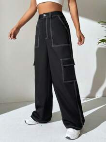 SHEIN EZwear 明线缝制翻盖口袋侧边工装裤 - 黑色 - 查看 1