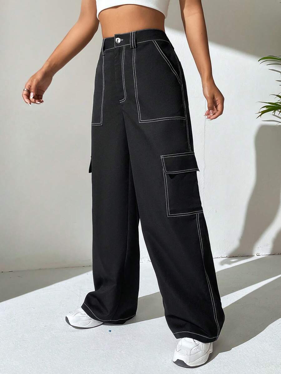 SHEIN EZwear 明线缝制翻盖口袋侧边工装裤 - 黑色 - 查看 1