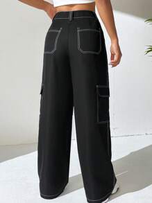 SHEIN EZwear 明线缝制翻盖口袋侧边工装裤 - 黑色 - 查看 2