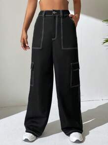 SHEIN EZwear 明线缝制翻盖口袋侧边工装裤 - 黑色 - 查看 3
