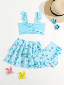 年轻女孩花卉印花荷叶边比基尼套装搭配沙滩裙夏季海滩 - 淺藍色 - 查看 1