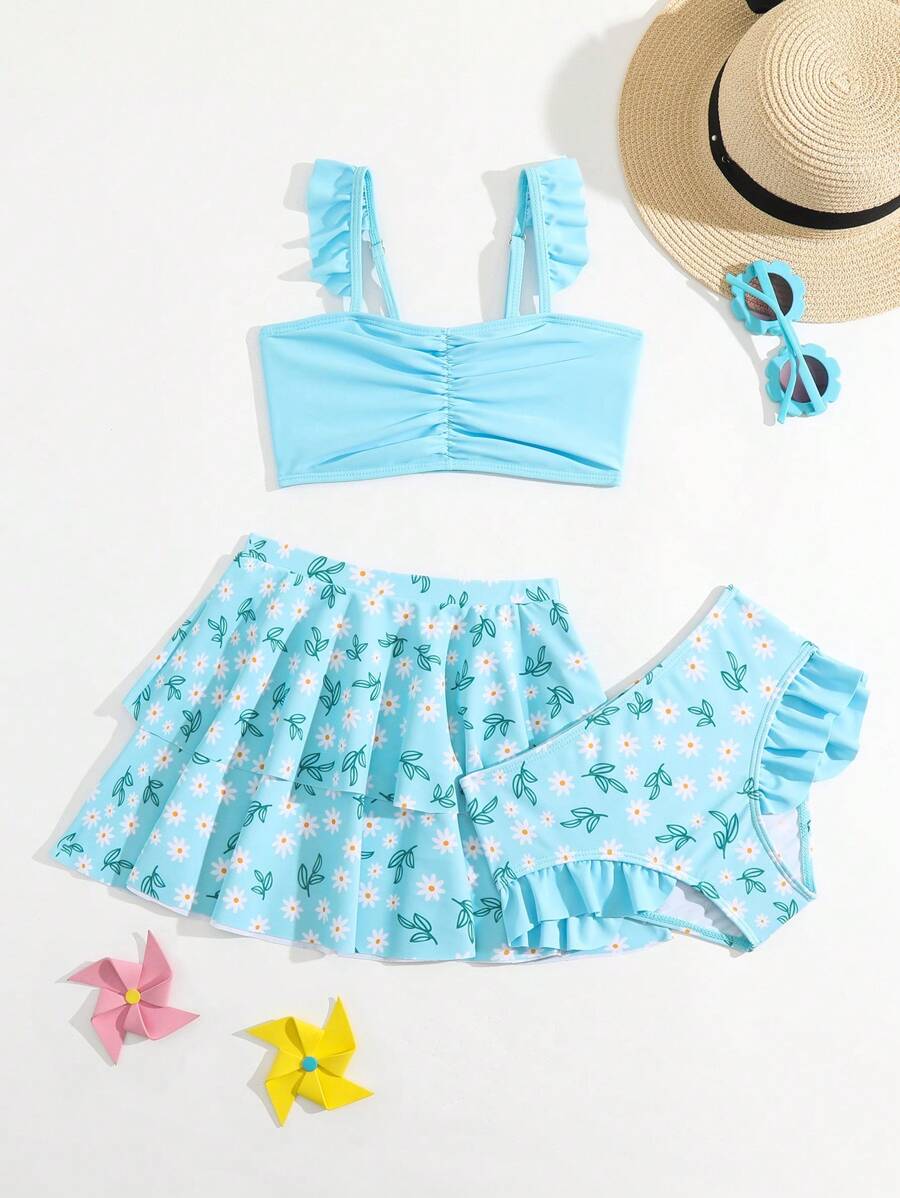 年轻女孩花卉印花荷叶边比基尼套装搭配沙滩裙夏季海滩 - 淺藍色 - 查看 1