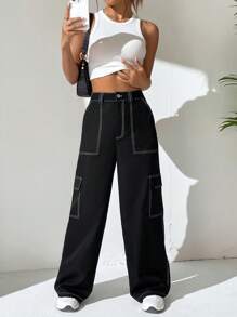 SHEIN EZwear 明线缝制翻盖口袋侧边工装裤 - 黑色 - 查看 6