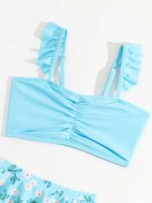 年轻女孩花卉印花荷叶边比基尼套装搭配沙滩裙夏季海滩 - 淺藍色 - 查看 3
