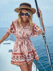 SHEIN VCAY Floral Print Belted Romper, Women Cruise Outfit, Summer - Dusty Pink - View 4