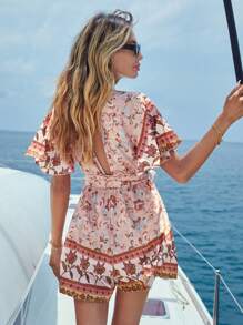 SHEIN VCAY Floral Print Belted Romper, Women Cruise Outfit, Summer - Dusty Pink - View 2