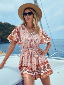SHEIN VCAY Floral Print Belted Romper, Women Cruise Outfit, Summer - Dusty Pink - View 5