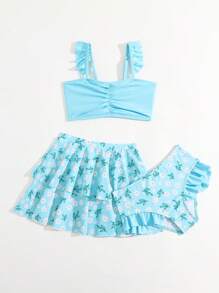 年轻女孩花卉印花荷叶边比基尼套装搭配沙滩裙夏季海滩 - 淺藍色 - 查看 4