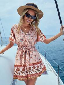 SHEIN VCAY Floral Print Belted Romper, Women Cruise Outfit, Summer - Dusty Pink - View 3