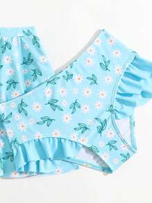 年轻女孩花卉印花荷叶边比基尼套装搭配沙滩裙夏季海滩 - 淺藍色 - 查看 5