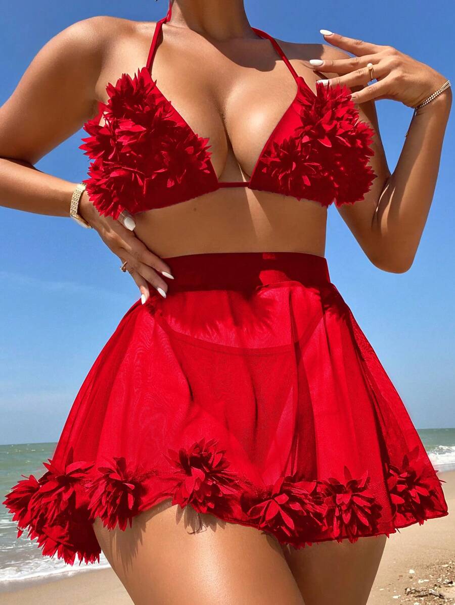 Vaytide 2pcs Women Summer Beach Solid Color 3D Floral Decor Halter Tie Sexy Bikini Swimsuit Set With Cover-Up & Skirt - Red - View 1