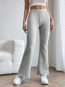 SHEIN PETITE High Waist Flare Leg Trousers - Light Grey - View 3