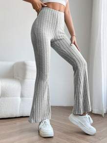 SHEIN PETITE High Waist Flare Leg Trousers - Light Grey - View 5