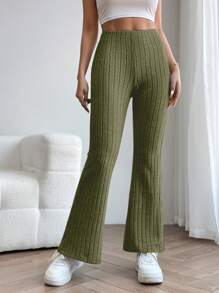 SHEIN PETITE Solid Flare Leg Pants - Army Green - View 3