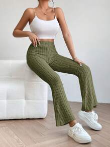 SHEIN PETITE Solid Flare Leg Pants - Army Green - View 4