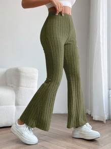 SHEIN PETITE Solid Flare Leg Pants - Army Green - View 5
