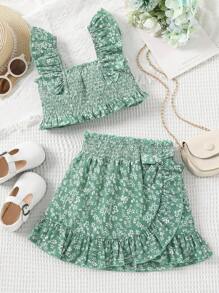 SHEIN Cô Gái Trẻ Sản phẩm chăm sóc cá nhân Màu xanh lá Nhỏ bé In hoa Kỳ nghỉ Người yêu Top Cây trồng Với Rộng Dây đai Và Cao eo Váy Hai chiếc Bộ Cho mùa hè - Màu xanh Bạc hà - Xem 1