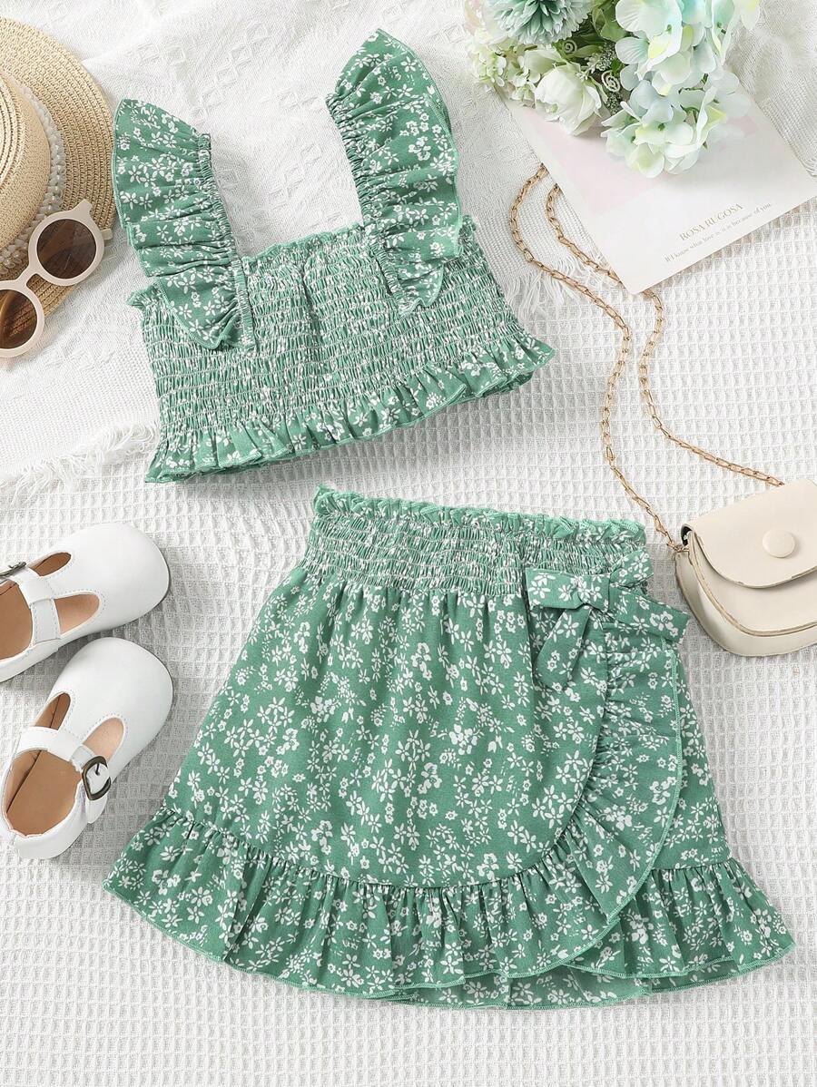 SHEIN Cô Gái Trẻ Sản phẩm chăm sóc cá nhân Màu xanh lá Nhỏ bé In hoa Kỳ nghỉ Người yêu Top Cây trồng Với Rộng Dây đai Và Cao eo Váy Hai chiếc Bộ Cho mùa hè - Màu xanh Bạc hà - Xem 1
