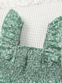 SHEIN Cô Gái Trẻ Sản phẩm chăm sóc cá nhân Màu xanh lá Nhỏ bé In hoa Kỳ nghỉ Người yêu Top Cây trồng Với Rộng Dây đai Và Cao eo Váy Hai chiếc Bộ Cho mùa hè - Màu xanh Bạc hà - Xem 3