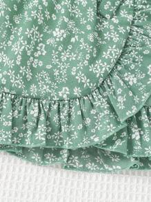 SHEIN Cô Gái Trẻ Sản phẩm chăm sóc cá nhân Màu xanh lá Nhỏ bé In hoa Kỳ nghỉ Người yêu Top Cây trồng Với Rộng Dây đai Và Cao eo Váy Hai chiếc Bộ Cho mùa hè - Màu xanh Bạc hà - Xem 4