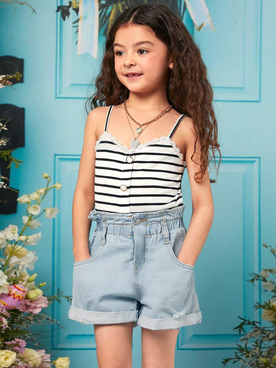 SHEIN 女孩條紋印花吊帶上衣 - 白色 - 查看 1