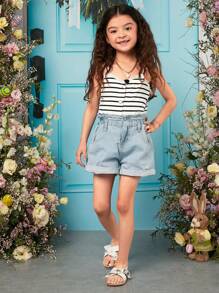 SHEIN 女孩條紋印花吊帶上衣 - 白色 - 查看 4