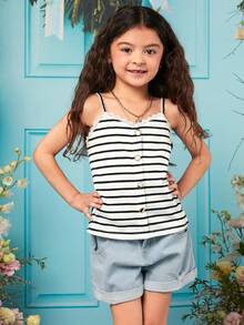 SHEIN 女孩條紋印花吊帶上衣 - 白色 - 查看 5