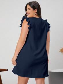 SHEIN Clasi Plus Solid Ruffle Trim Dress - Navy Blue - View 2