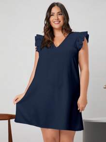 SHEIN Clasi Plus Solid Ruffle Trim Dress - Navy Blue - View 3