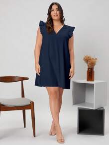 SHEIN Clasi Plus Solid Ruffle Trim Dress - Navy Blue - View 5