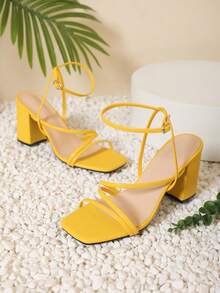 時尚涼鞋適用於女士搭扣裝飾粗跟踝帶平底涼鞋 - 黃色 - 查看 5