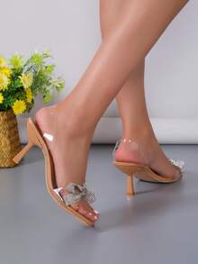 Phụ nữ Rhinestone & Bow Trang trí Giày cao gót Stiletto, Dép quai hậu thời trang mùa hè - Màu be - Xem 3