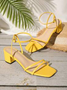 時尚涼鞋適用於女士搭扣裝飾粗跟踝帶平底涼鞋 - 黃色 - 查看 3