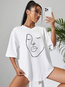 SHEIN EZwear Áo thun oversize họa tiết hình trừu tượng thả vai Áo thun họa tiết nữ - trắng - Xem 3