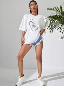 SHEIN EZwear Áo thun oversize họa tiết hình trừu tượng thả vai Áo thun họa tiết nữ - trắng - Xem 4