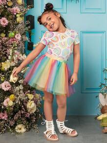 SHEIN 小女童滿版彩虹印花T恤和撞色網紗半身裙 - 彩色 - 查看 5